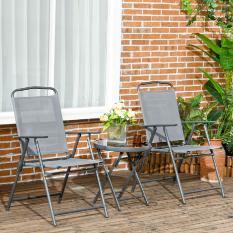 Mobilier de balcon pliant en métal gris clair, 1 table avec plateau en verre trempé et 2 fauteuils