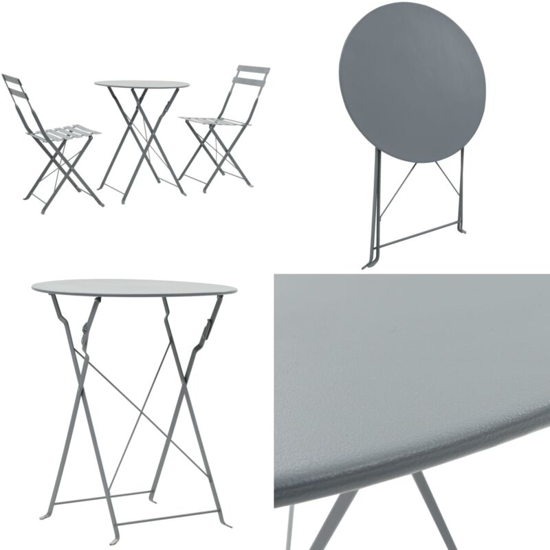 Mobilier de bistro 3 pcs Acier Gris - Salon De Jardin Pliable - Ensemble De Bistro - Mobilier De Jardin - Table Et Chaises - Acier Inoxydable - Home