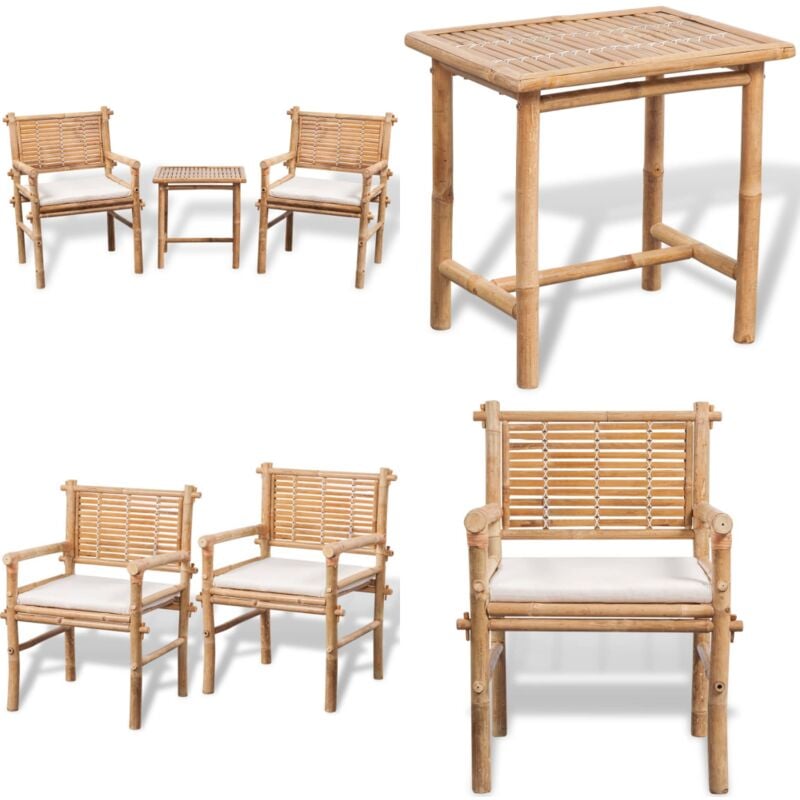 Mobilier de bistro 3 pcs avec coussins Bambou - Ensemble Salon De Jardin - Mobilier De Jardin - Table Et Chaises - Table Basse - Chaise Pliante