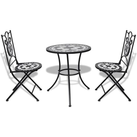 Mobilier de bistro 3 pcs  Mobilier de jardin Carreaux céramiques Noir et blanc