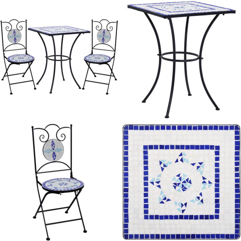 Mobilier de bistro 3 pcs mosaïque Carreau céramique Bleu Blanc - Ensemble De Bistro - Salon De Jardin - Meubles De Jardin - Mobilier Extérieur