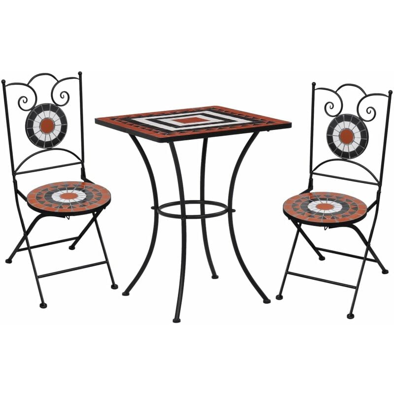 Mobilier de Bistro 3 pcs Mosaïque Carreau Céramique Terre Cuite et Blanc