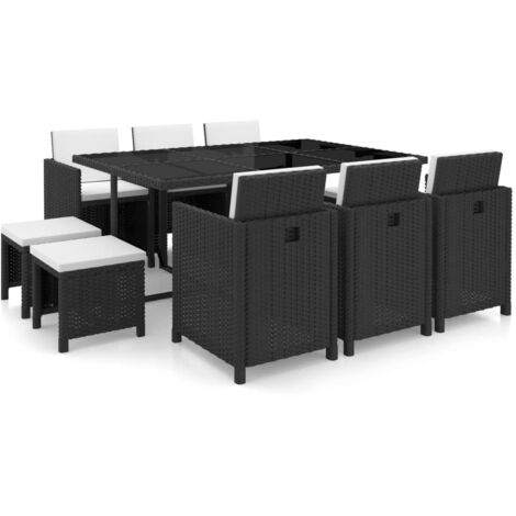 Mobilier de jardin 11 pcs avec coussins Résine tressée Noir