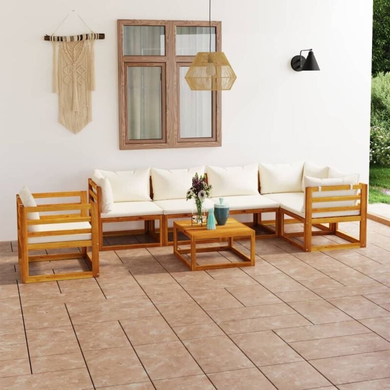 Salon de jardin 7 pcs avec coussin Crème Bois d'acacia solide Vidaxl
