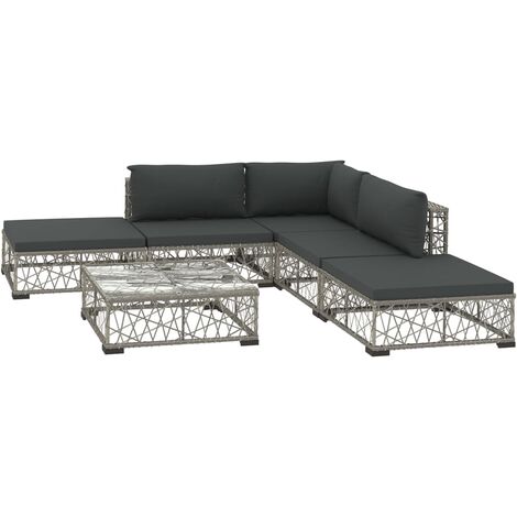 Salon de jardin 6 pcs avec coussins Résine tressée Gris
