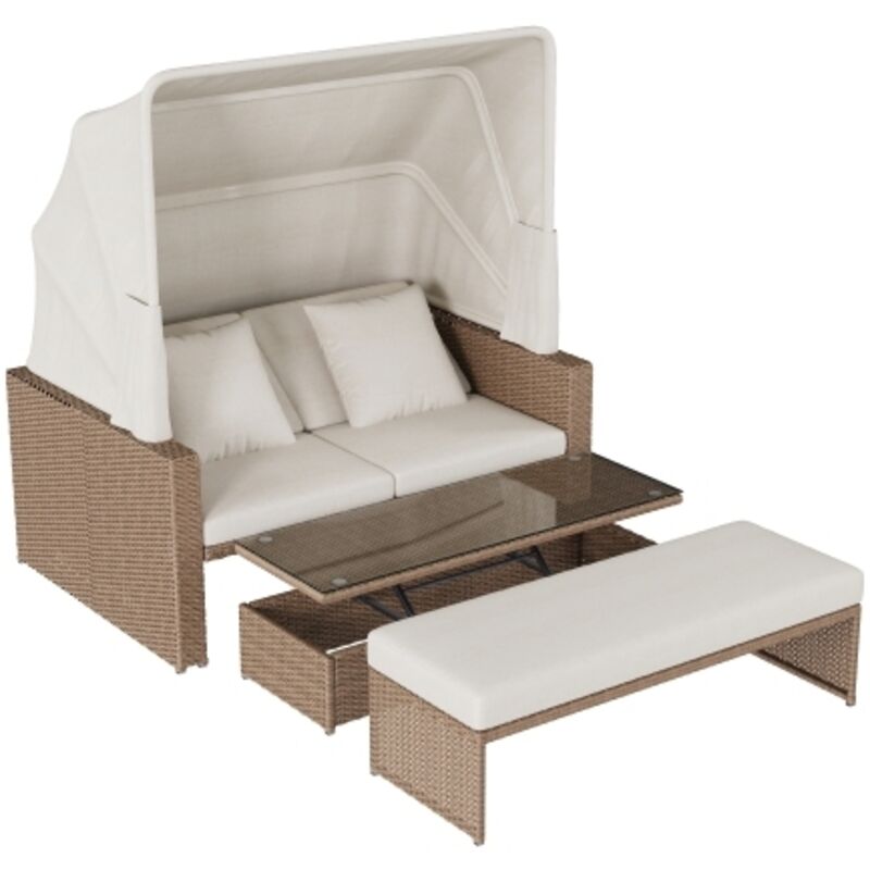 Mobilier de jardin en polyrotin pour 2 à 4 personnes, canapé lounge avec table basse réglable et store amovible, rotin PE et mousse, kaki