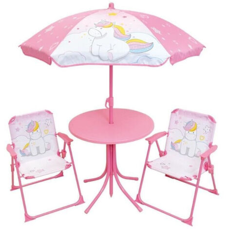 Mobilier de jardin - FUN HOUSE - Salon de jardin Licorne : Table H.46 x 46 cm, 2 chaises pliantes, parasol H.125 x100 cm