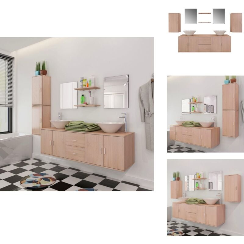Mobilier de salle de bain avec lavabo 9 pcs Beige - Meuble De Salle De Bain - Ensemble Salle De Bain - Rangement Salle De Bain - Lavabo Suspendu
