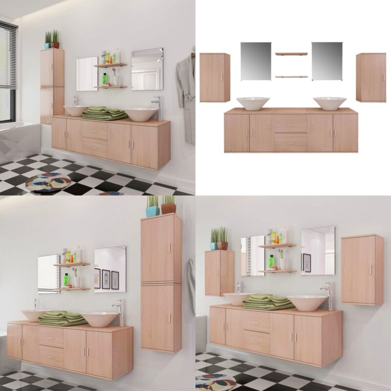 Mobilier de salle de bain avec lavabo 9 pcs Beige - Meuble De Salle De Bain - Ensemble Salle De Bain - Rangement Salle De Bain - Lavabo Suspendu