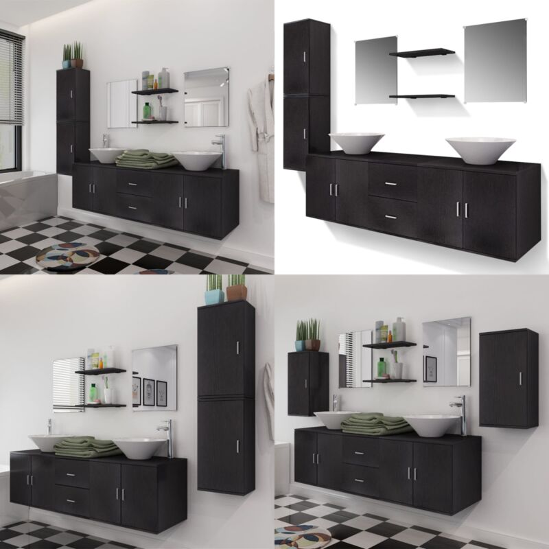 Mobilier de salle de bain avec lavabo 9 pcs Noir - Meuble De Salle De Bain - Ensemble De Salle De Bain - Lavabo - Rangement Salle De Bain - Vanity