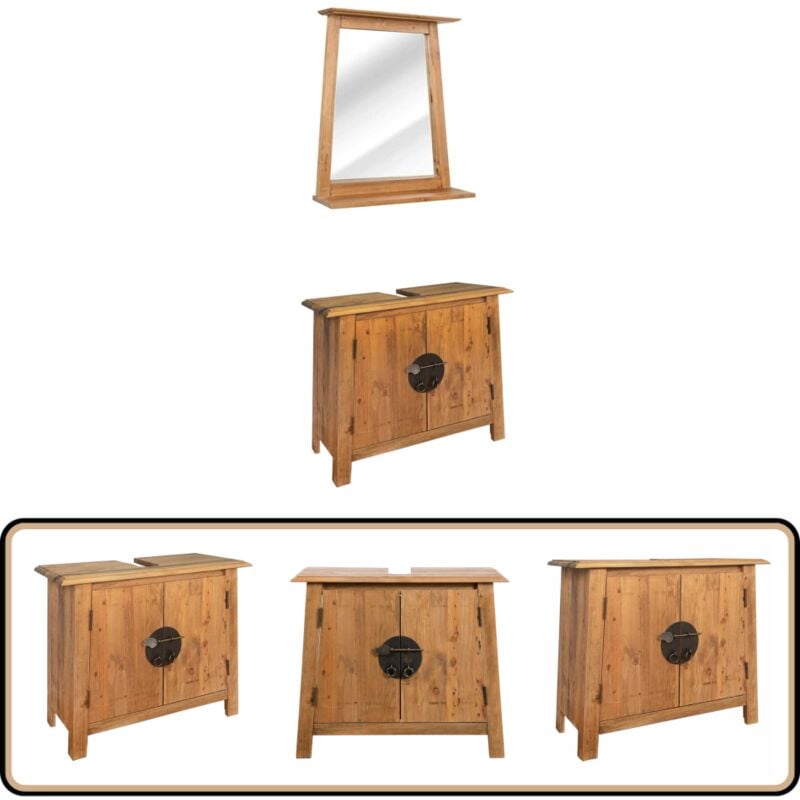 Mobilier de salle de bain Bois de pin massif - Ensemble Salle De Bain - Meuble Lavabo - Miroir Salle De Bain - Design Rétro - Bois Massif