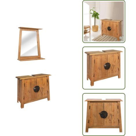 Mobilier de salle de bain Bois de pin massif - Ensemble Salle De Bain - Meuble Lavabo - Miroir Salle De Bain - Design Rétro - Bois Massif