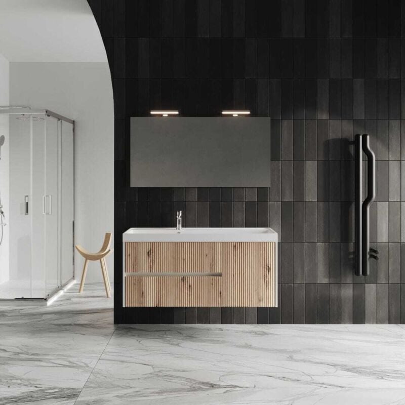 Kiamami Valentina - Mobilier De Salle De Bain Suspendu 120Cm Blanc Et Chêne Doré Cortina