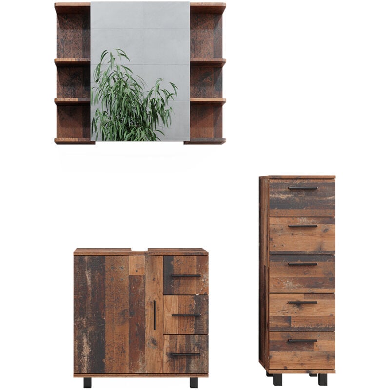 Vicco - Ensemble de meubles de salle de bain Ilias, Chêne rustique, 3 pièces, avec armoire centrale
