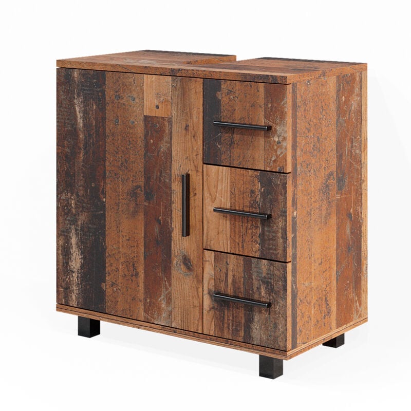 Vicco - Meuble sous vasque simple Ilias, Chêne rustique, 60 x 60 cm avec porte et 3 tiroirs