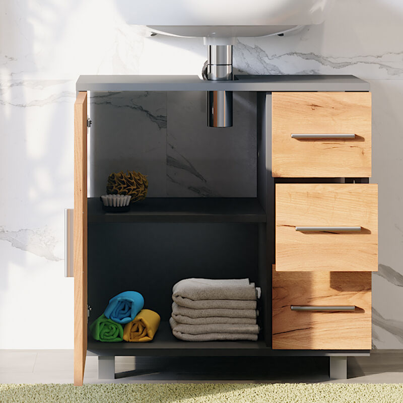 Vicco - Meuble sous vasque Ilias, Anthracite/chêne doré, 60.2x60.8cm avec porte et 3 tiroirs