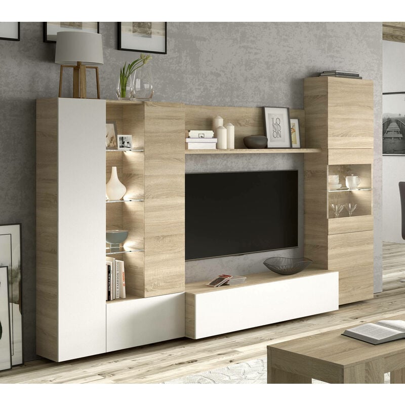 Mobilier de salon modulable composé d'un module meuble TV bas avec une porte, deux vitrines à trois portes et des lumières LED avec une étagère au