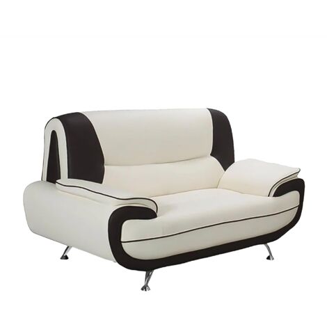 Mobilier Deco – Canapé 2 places en simili cuir blanc et noir – Pieds chromés – Design moderne pour salon – Dimensions optimales pour petits espaces