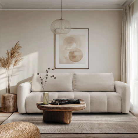 Mobilier Deco – Canapé 3 places convertible avec coffre – Tissu bouclette beige – Assise profonde et accoudoirs larges – Parfait pour petits espaces