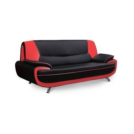 Mobilier Deco – Canapé 3 places en simili cuir noir et rouge – Dossier haut et accoudoirs rembourrés – Dimensions 190x87x89 cm – Pieds chromés modernes