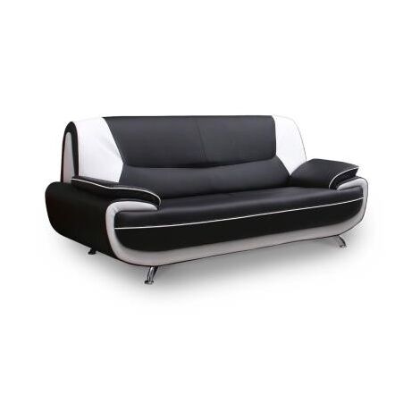 Mobilier Deco – Canapé d'angle 3 places en simili cuir noir et blanc – Design contemporain avec pieds chromés – Confort optimal pour salon moderne