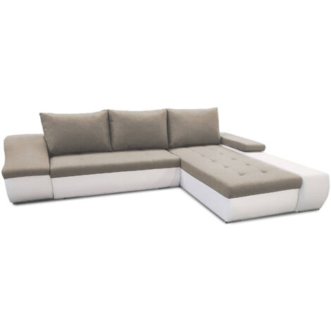 Mobilier Deco – Canapé d'angle convertible avec coffre de rangement – Tissu beige et simili blanc – Méridienne à droite – Pour petits espaces