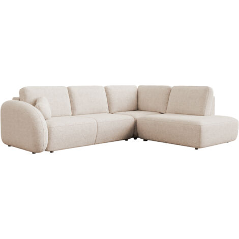 Mobilier Deco – Canapé d'angle convertible en tissu bouclette beige – Coffre de rangement – Méridienne intégrée – Confort moderne et chaleureux