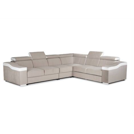 Mobilier Deco – Canapé d’angle convertible réversible en tissu velours beige – Design contemporain pour 6 personnes – Simili cuir blanc – Confort optimal