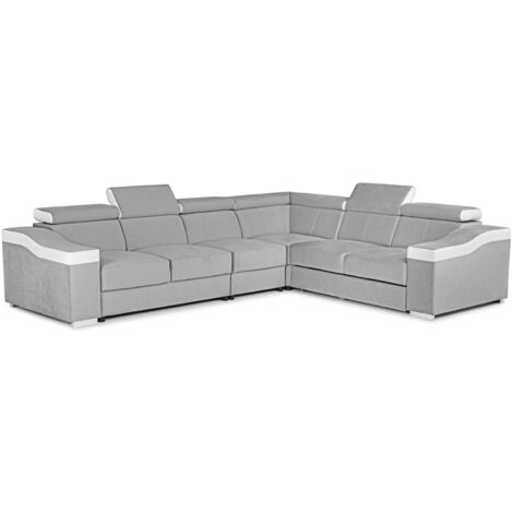 Mobilier Deco – Canapé d'angle convertible réversible – Tissu velours gris clair et simili cuir blanc – Confort pour 6 personnes – Design contemporain