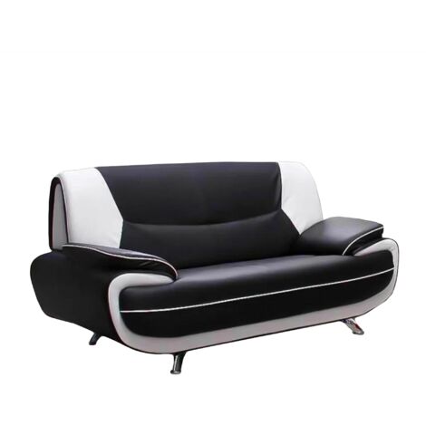 Mobilier Deco – Canapé droit 2 places en simili cuir noir et blanc – Pieds chromés – Design moderne et élégant – Confort optimal pour salon