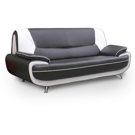 Mobilier Deco – Canapé droit 3 places en simili cuir gris et blanc – Style contemporain – Pieds chromés – Confort optimal pour salon moderne