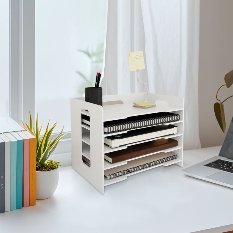 Aqrau - Organiseur avec tiroir, Organiseur de bureau, bac à courrier à 5 niveaux avec porte-magazines, pour Bureau Maison et École (Blanc)
