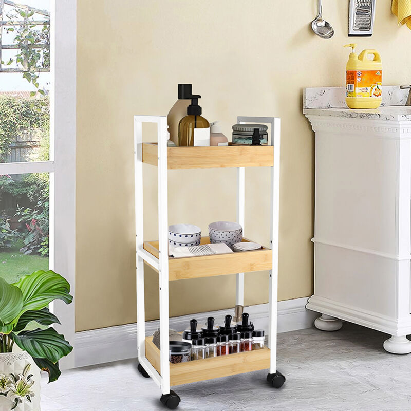 Chariot de Salle de Bain, Bambou, Chariot de Rangement à 3 Niveaux sur roulettes, Chariot de Cuisine étroit, Chariot de Niche avec 3 paniers