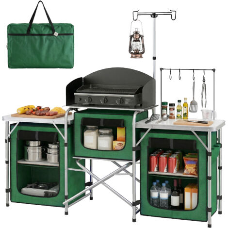 Mobilier pliant de cuisine de camping avec 3 tables, 4 crochets, lampadaire et sac de transport 172x48x130 cm Vert