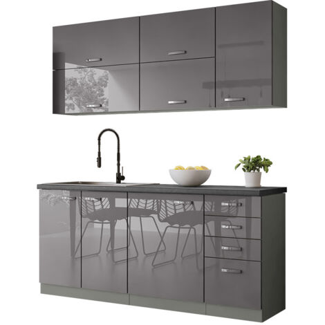 Mobilier1 – Ensemble de cuisine modulaire gris brillant 180x50cm – Stratifié durable – Poignées métal – Pour espaces optimisés