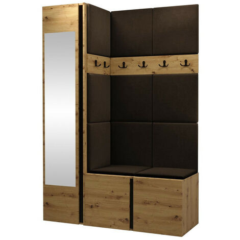 Mobilier1 – Meuble d'entrée Hartford 277 – Dimensions 186x124x46cm – Tissu peluche marron – Stratifié – Panneaux muraux souples pour acoustique