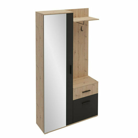 Mobilier1 – Meuble d'entrée Stanton 103 – Chêne artisan et noir – Dimensions 195x97x30cm – Miroir intégré – Stratifié durable