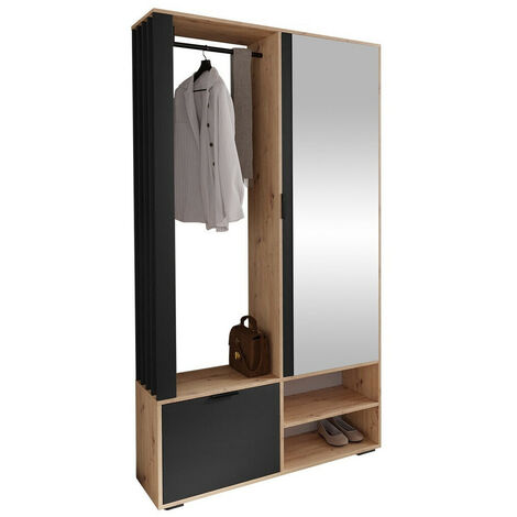 Mobilier1 – Meuble d'entrée Stanton 145 – Chêne artisan et noir – Dimensions 190x100x33 cm – Miroir inclus – Stratifié à poser
