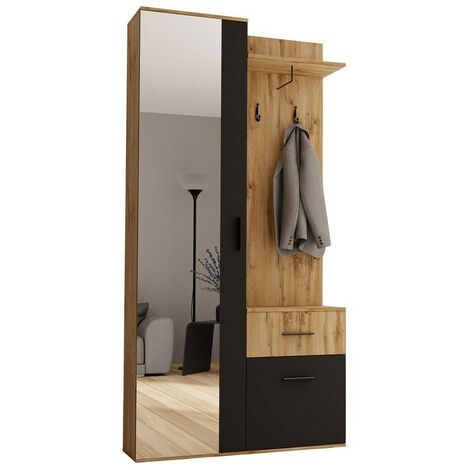 Mobilier1 – Meuble d'entrée Stanton – 195x97x28 cm – Miroir stratifié noir et chêne Wotan – Installation murale recommandée