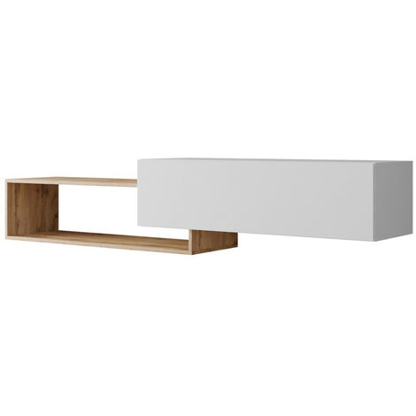 Mobilier1 – Meuble TV blanc et chêne wotan – Dimensions 210x48x35 cm – Stratifié avec bords ABS – Mécanisme 'Push to open' sans poignées