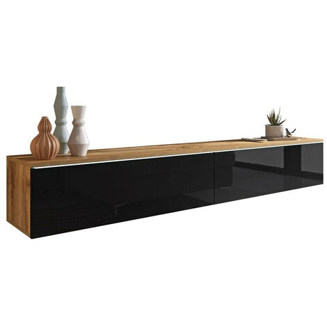 Mobilier1 – Meuble TV Sarasota 121 – Chêne wotan et noir brillant – 2 portes – Dimensions 180x30x33 cm – Design moderne pour petits espaces