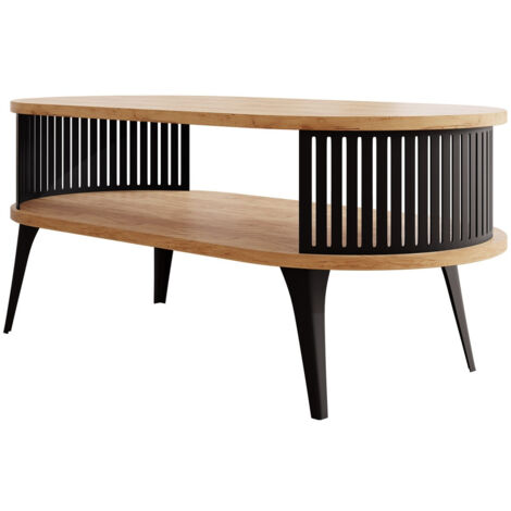 Mobilier1 – Table basse fixe ovale noir et chêne doré – Stratifié 44x50x100cm – Pieds en métal – Compatible avec robots aspirateurs
