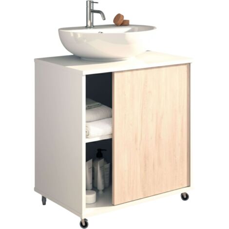 Mobimarket – Meuble de salle de bain sur roulettes pour lavabo sur colonne – Largeur 59 cm – Finition mélaminée blanche – Kit de montage inclus