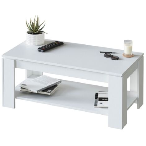 Mobimarket – Table basse relevable blanche 43x102x50 cm – Mélamine haute résistance – Système d'élévation simple – Rangement intégré