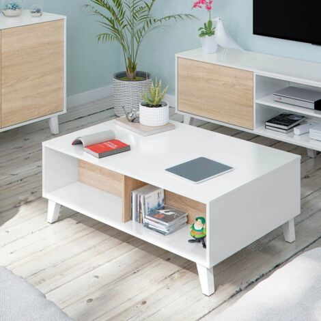Mobimarket – Table basse relevable blanche et chêne artisanal – Dimensions 100 x 68 x 38 cm – Charnières métalliques résistantes – Espace de rangement pratique