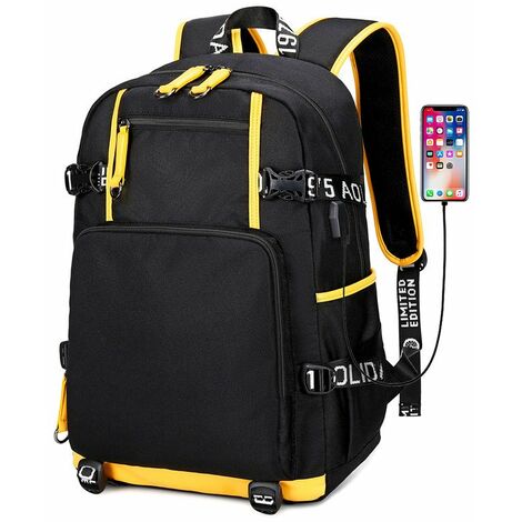 Mochila Jordan Mochila escolar de moda Bolso multifunción de carga USB de viaje para jóvenes (negro amarillo)