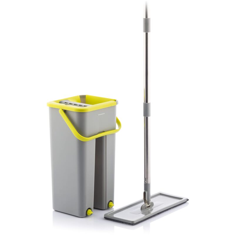 Innovagoods - Klirimop Mop & Bucket with Dual Action, Flat Microfiber Mop, Double Compartment Bucket, 6 Reusable Mop Refills, Squeegee Pedal, Swivel