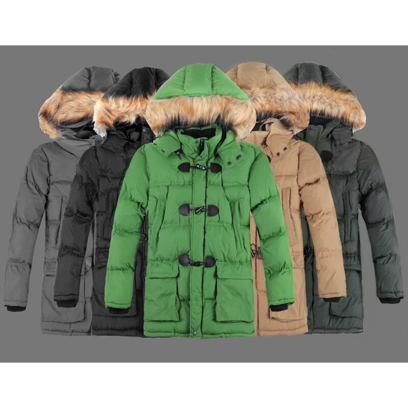 

Moda invierno hombres Parka cuello de piel sintetica con capucha gruesa chaqueta calida abrigo prendas de vestir exteriores,Verde, L