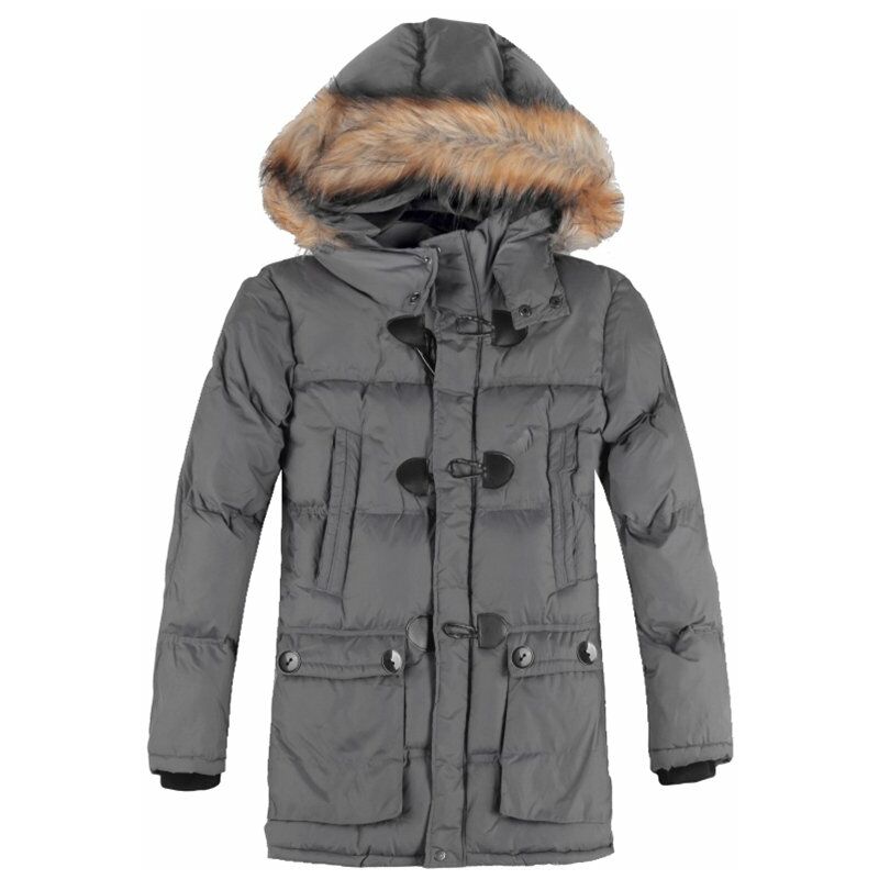 

Moda invierno hombres Parka cuello de piel sintetica con capucha gruesa chaqueta calida abrigo prendas de vestir exteriores,Gris, S