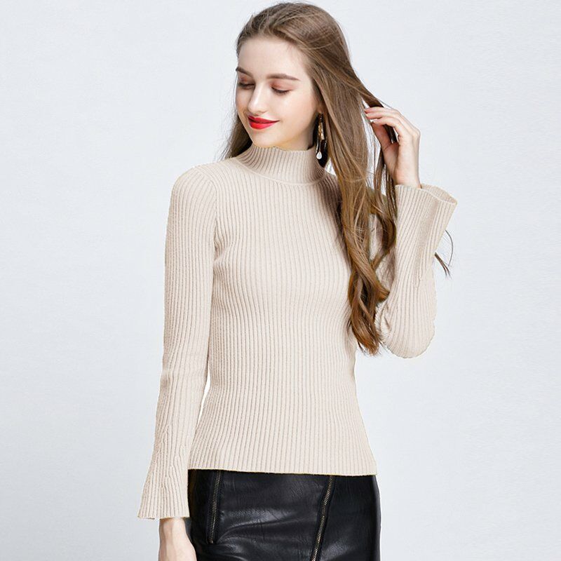 

Moda Invierno Mujer Sueter de punto acanalado Mangas acampanadas Cuello alto Jersey de punto Prendas de punto,Beige